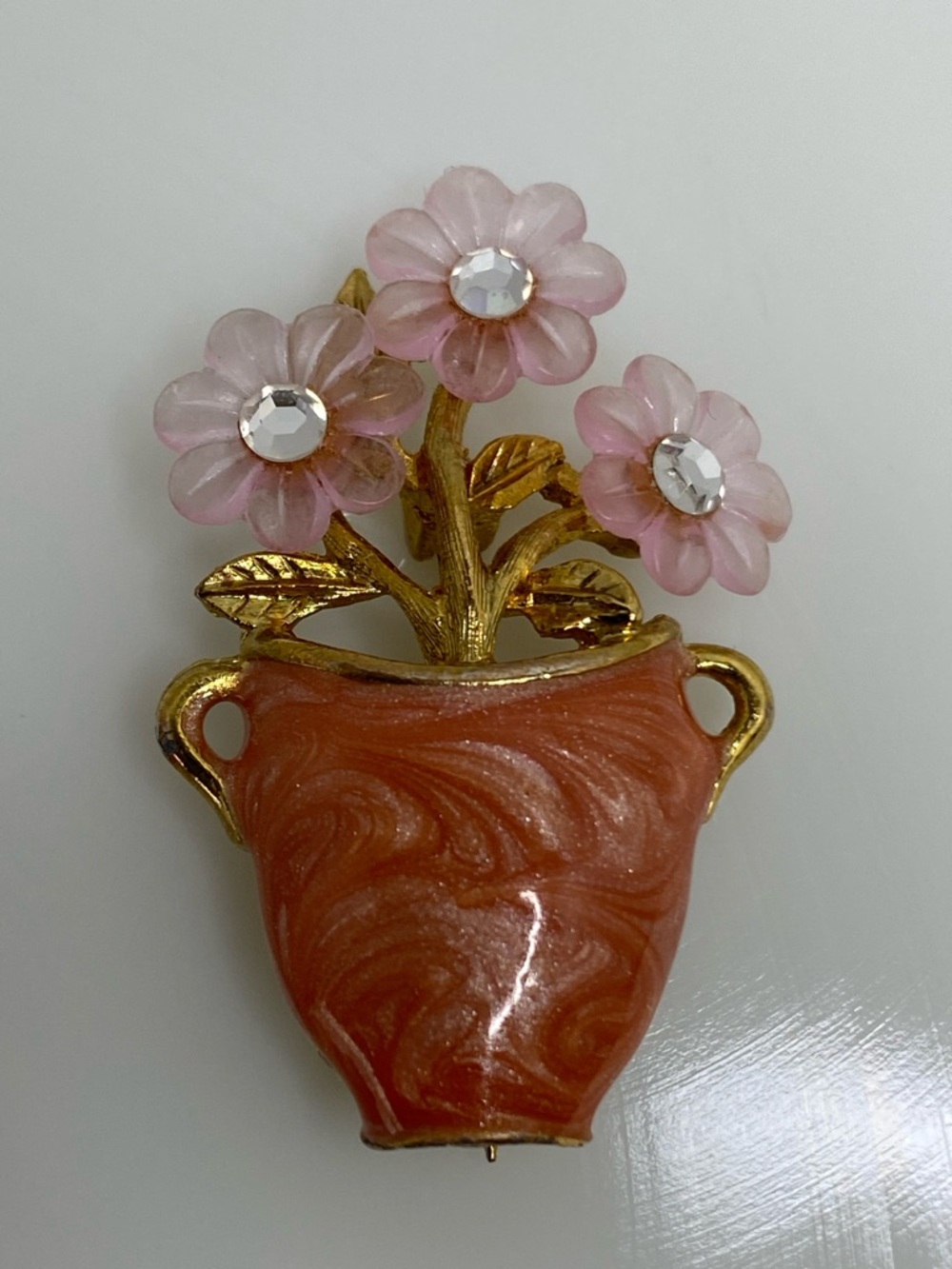 Vintage LIA Floral Pot Brooch Pink Lucite Flowers Rhinestone Centers Gold Tone